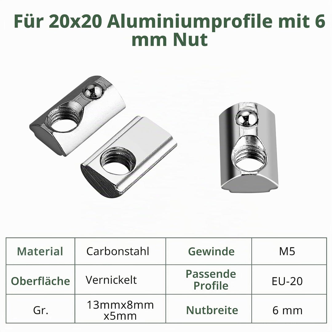 EYPINS 100x Nutensteine M5 mit Steg, Federkugel Nut 6, 20x20 Hammermutter Stahl Verzinkt Nutmuttern