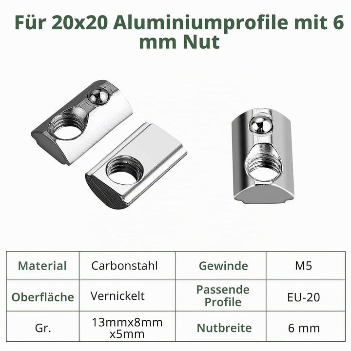 EYPINS 100x Nutensteine M5 mit Steg, Federkugel Nut 6, 20x20 Hammermutter Stahl Verzinkt Nutmuttern