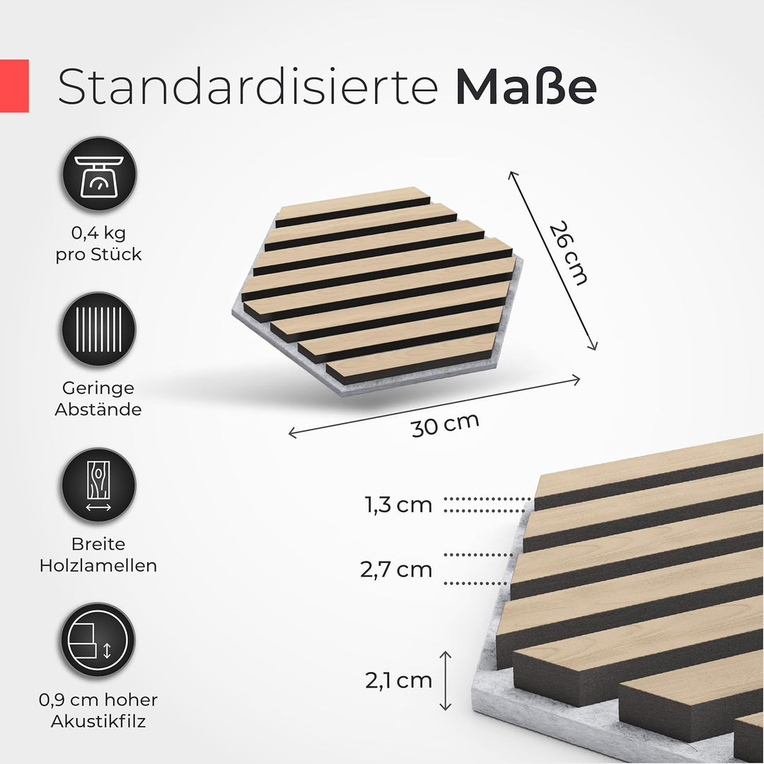 Akustikpaneele Holz selbstklebend – 3er-Set | Echtholz Eiche & Akustikfilz Grau | Hexagon 30x26cm –