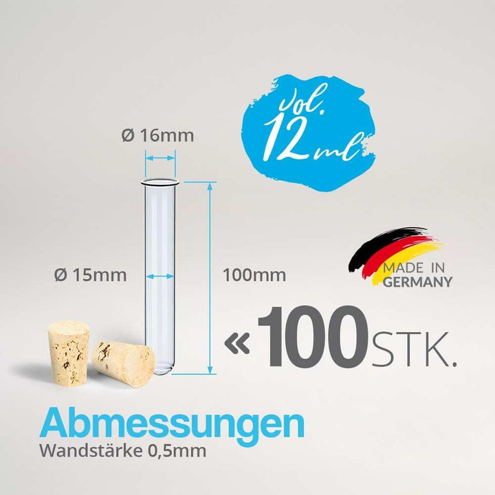 Tuuters 100x Glas Reagenzgläser mit Korken und Bördelrand (100 x Ø 16mm), 100 x Ø 16mm