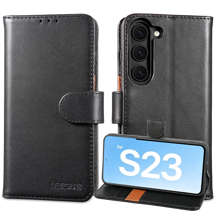 LENSUN Echtleder Hülle für Samsung Galaxy S23, Handyhülle [Echtes Leder] [Magnetverschluss] [RFID Sc