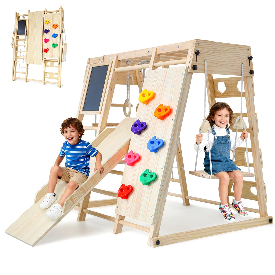 Maxi Klettergerüst Indoor ab 1 Jahr, Klappbares Montessori Klettergerüst aus Holz, 10 in 1 Indoor Sp