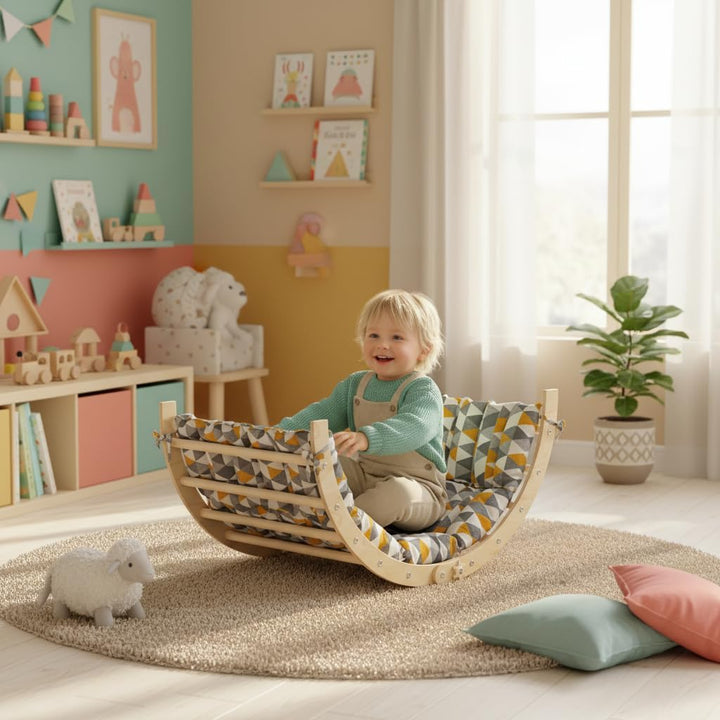 Bellabino Ruki 2in1 Kletterbogen und Wippe mit Kissen 'Dreiecke ', Klettergerüst Indoor, Kletterdrei