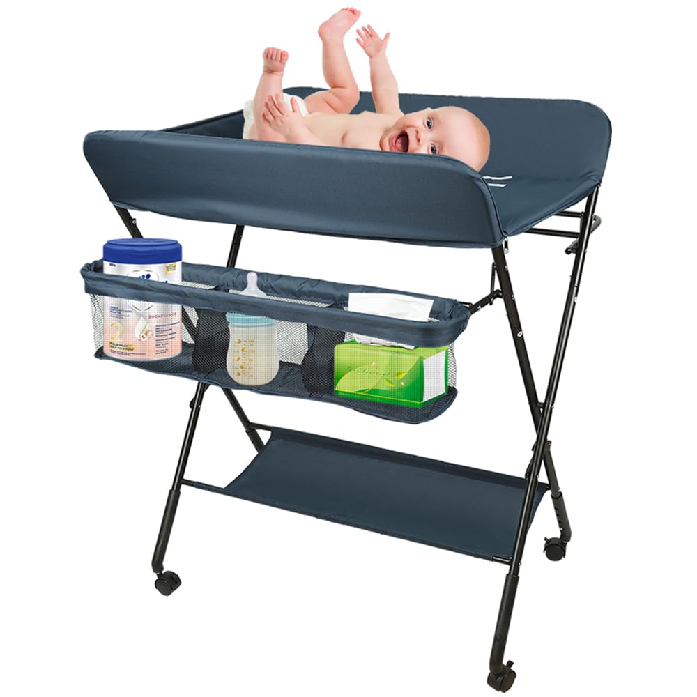 Baby Wickelkombi - klappbare Wickelkommode, mobiler Wickeltisch mit Wickelauflage, Sicherheitsgurt u