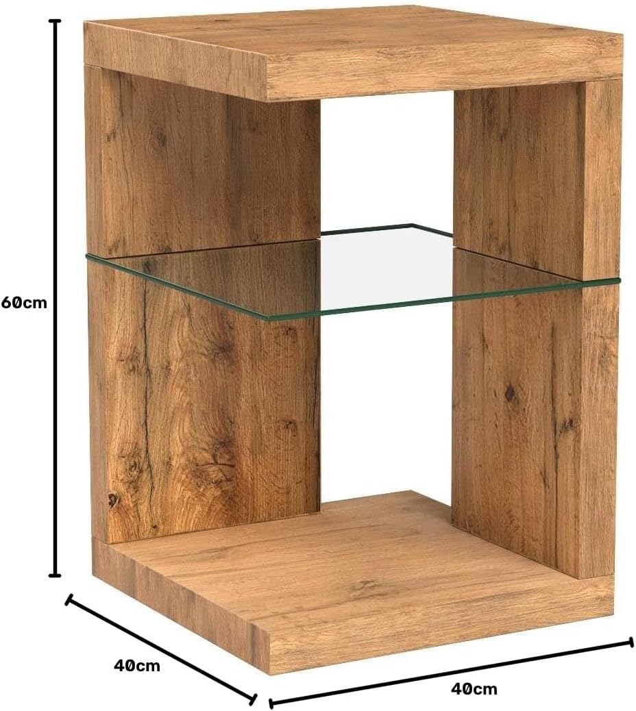 HomeTrends4You Domingo Beistelltisch/Nachttisch, MDF, Sicherheitsglas, Wildeiche,