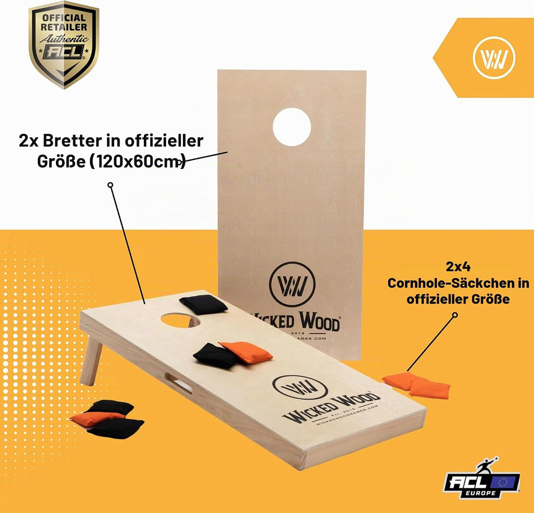 Cornhole Set – 120 x 60 cm - Sackloch Spiel – Wicked Wood – offiziell ACL-lizensiertes Set of Boards