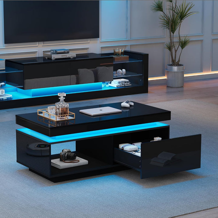 Merax Couchtisch Schwarz, Modern Wohnzimmertisch Hochglanz, mit 16-Farbiger LED Beleuchtung, Beistel