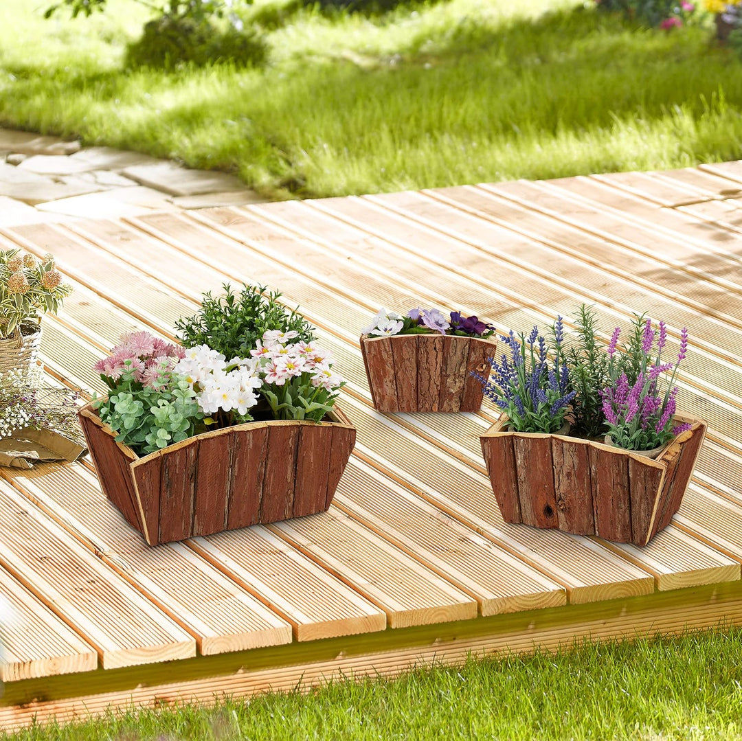 Relaxdays Blumenkasten 3er Set, natürliches Holz mit Rinde, Garten, Terrasse &amp; Fensterbank, Deko zum