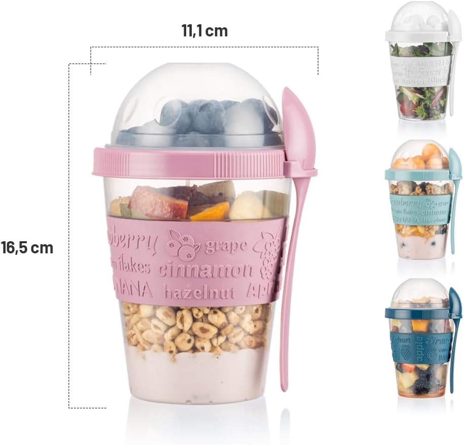 Müslibecher to go mit Löffel, 4er SET 600ml, Praktischer Joghurtbecher to go, Wiederverwendbarer Müs
