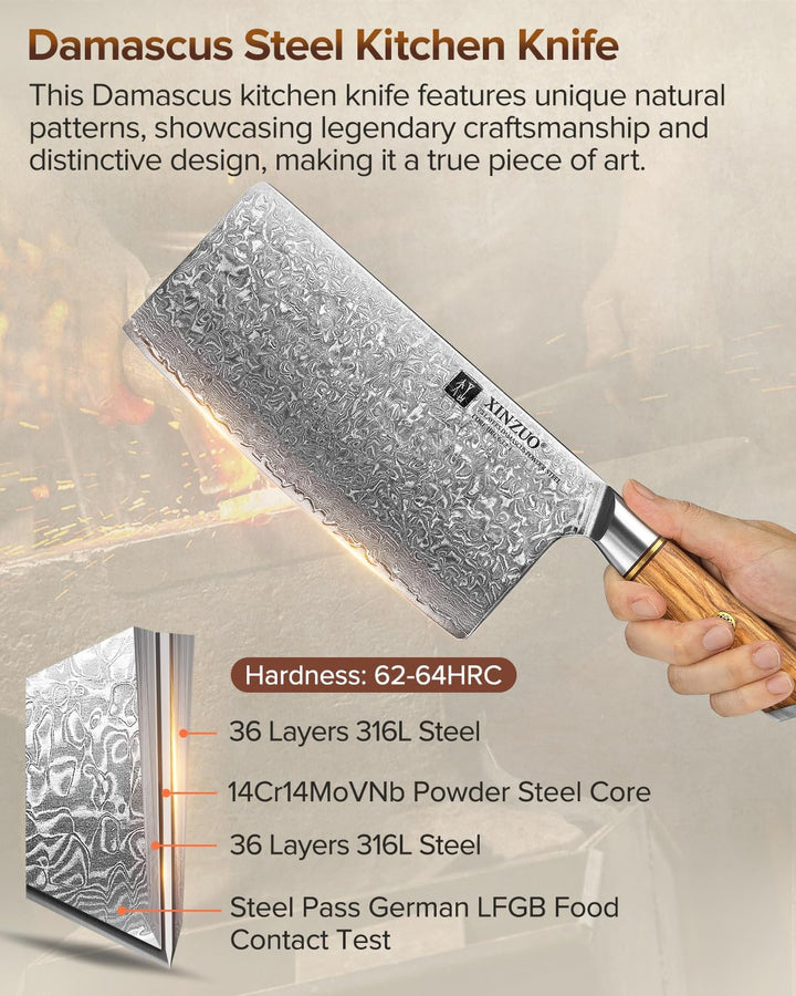 XINZUO 19cm Hackmesser, 73 Schichten Damaststahl Pulverstahlkern Hackbeil Chinesisches Kochmesser Mu