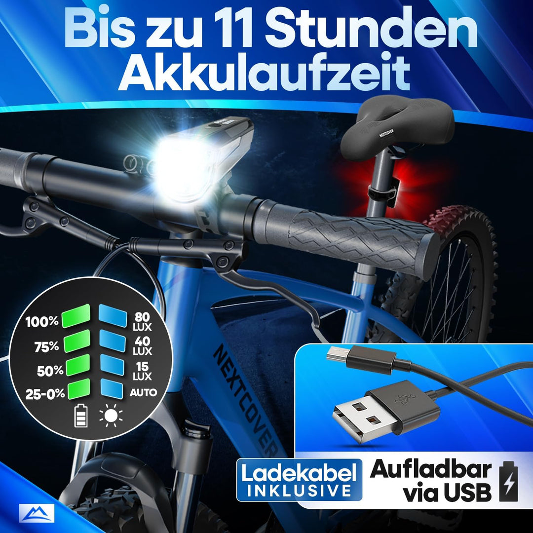 NEXTCOVER® Fahrradlicht Set mit [LightSense] Sensor & 11h Akkulaufzeit I USB aufladbar & wasserdicht