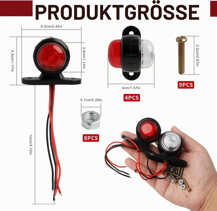LED Seitenmarkierungsleuchten, Set mit 4 Seitenmarkierungsleuchten, rot, weiss, 12 V, 24 V, grosse L