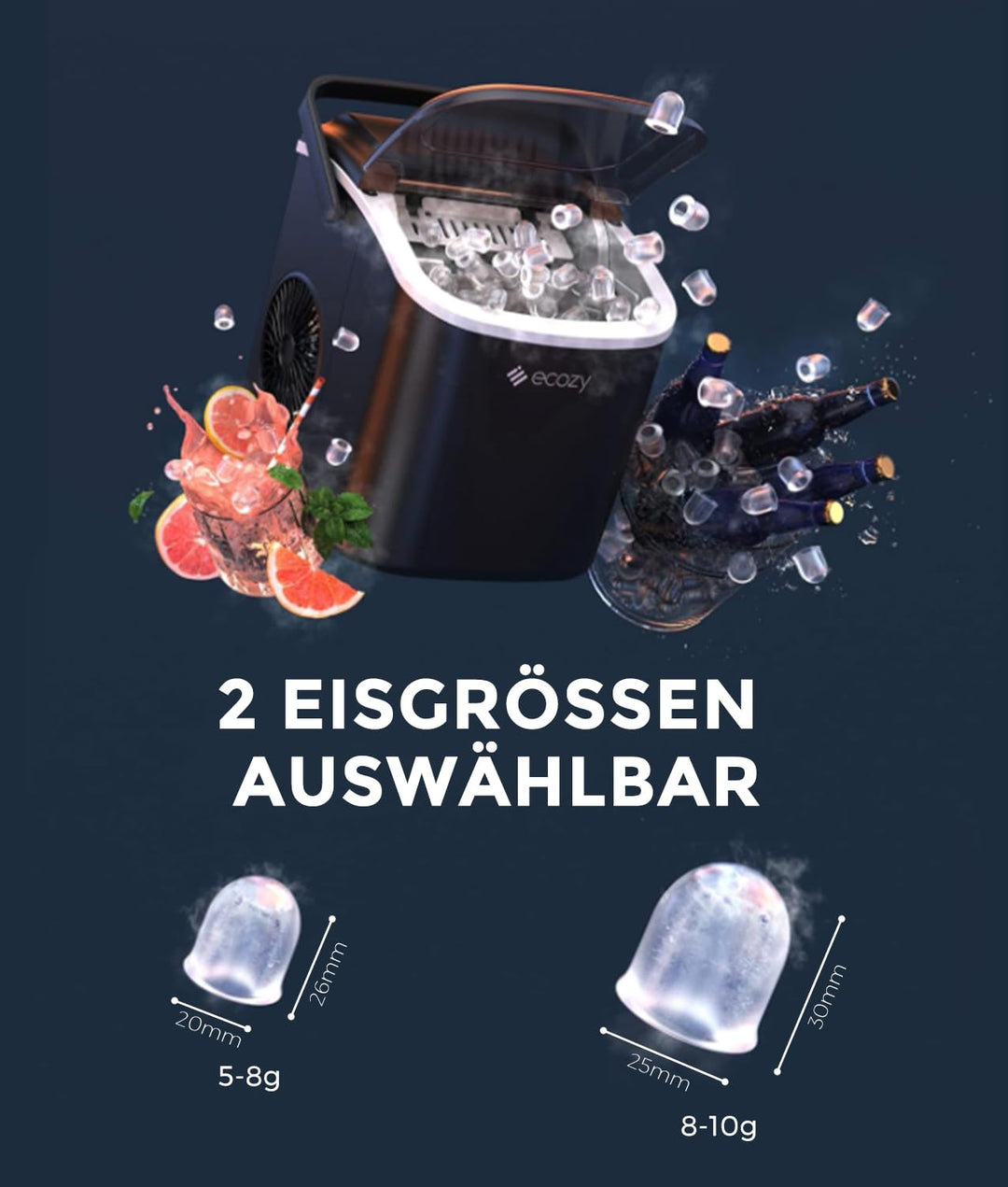 ecozy Eiswürfelmaschine, Eiswürfelmaschine Klein, Selbstreinigende Eiswürfelmaschinen, 2 Eiswürfel G