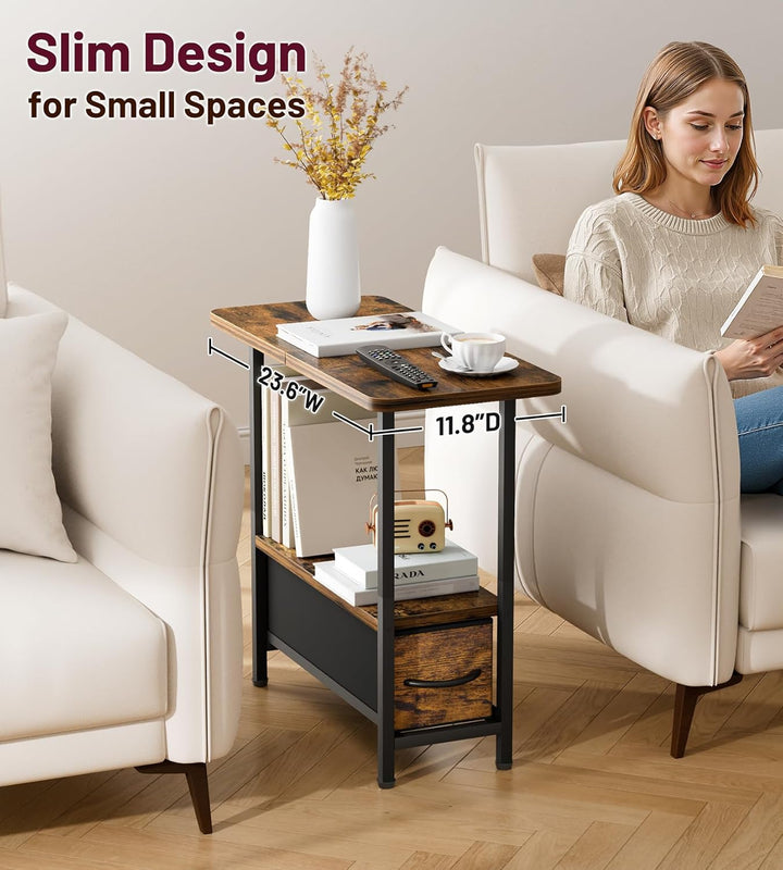 MISSLO Schmaler Beistelltisch mit Stauraum, 2 Stufiger Sofatisch Kleiner Tisch für Couch, Schlafzimm