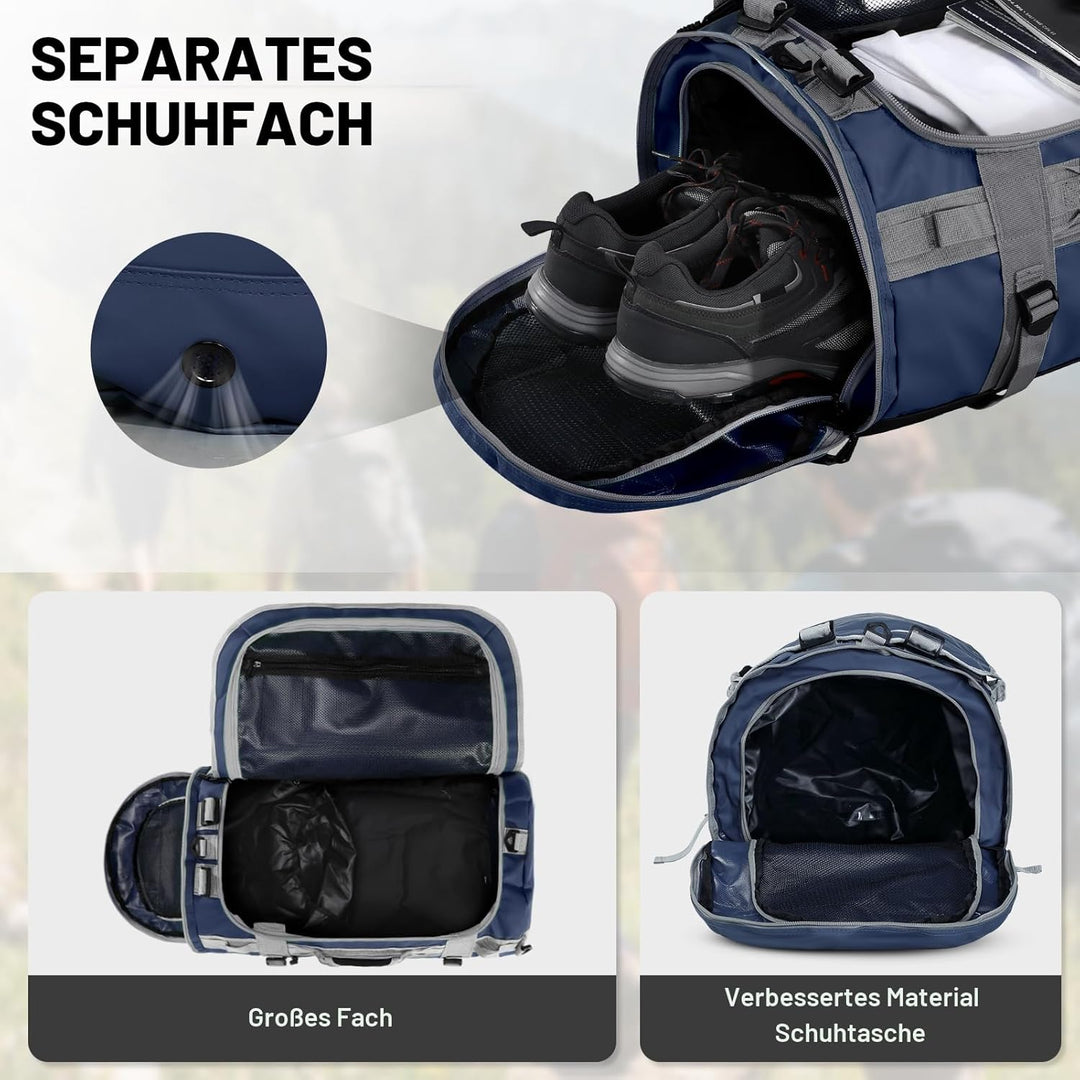 MIER Grosse Sporttasche wasserdicht Sportrucksack mit Schuhfach umwandelbar in Rucksack, 45L/60L/90L