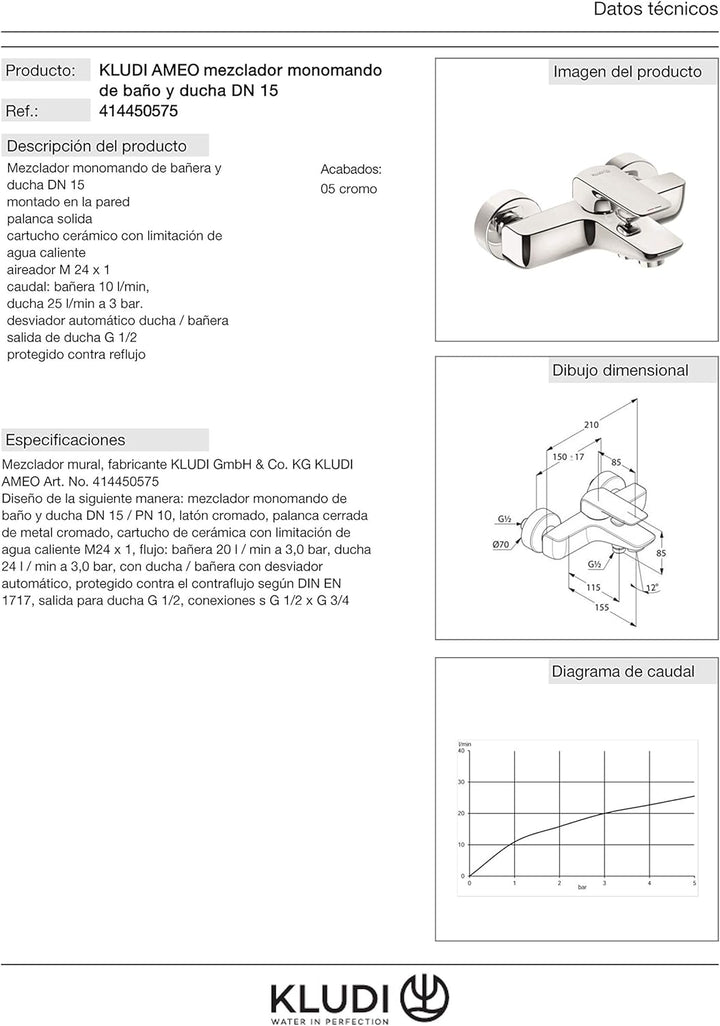 Kludi 414450575 , Wannenfüll- und Brause-Einhandmischer DN 15, Chrom