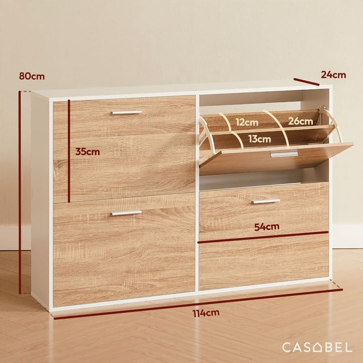 CASABEL Schuhschrank mit 4 Klappen – Schuhregal Holz &amp; Weiss, Modernes Design, Grosse Kapazität für