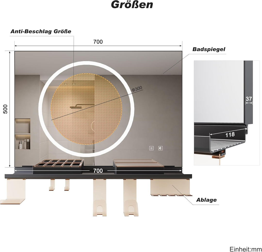 SONNI LED Badspiegel 70x50cm mit 70cm Ablage, Touch Badezimmerspiegel 3 Lichtfarben, Anti-Beschlag &