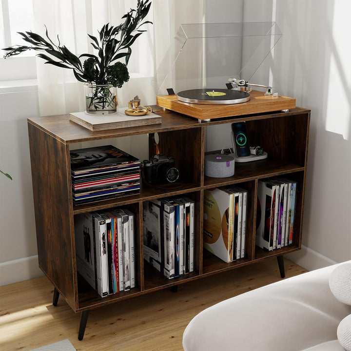 COSTWAY Plattenspielerständer mit Ladestation, Plattenspielerschank mit Vinyl-Aufbewahrungsregalen,