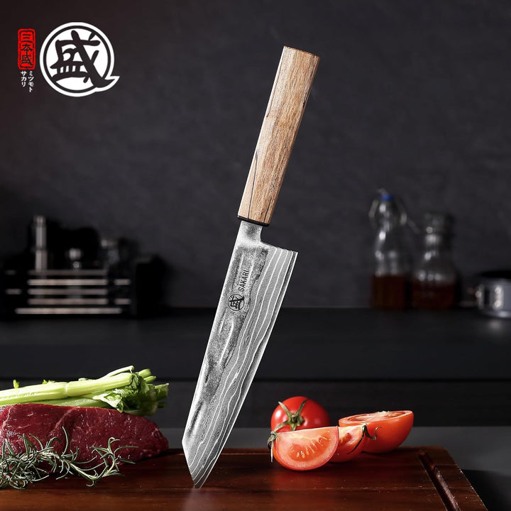 MITSUMOTO SAKARI 20 cm Kiritsuke Kochmesser, 129-lagiger Damaszenerstahl aus CPM S35VN-Pulverstahl,