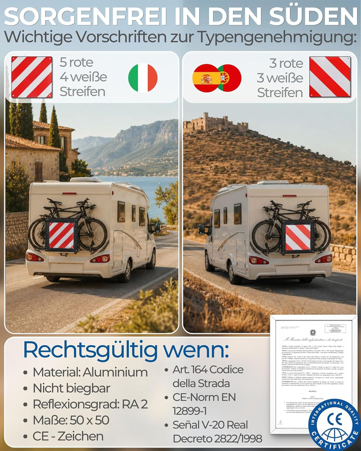 PLANGER® - Warntafel Italien und Spanien + Tasche 2in1 (50 x 50 cm) - Reflektierendes Warnschild rot