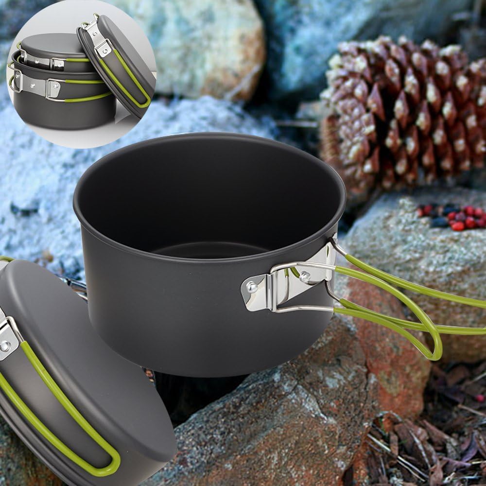 Gutsdoor Camping Kochset Geschirr-Set für 1-2 Personen, Kochset mit Tragbarem Aluminiumtopf Teekesse