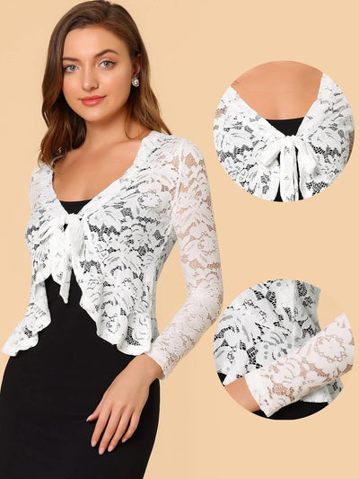 Allegra K Damen Spitzenbolero Langarm Bolero Durchsichtig Rüschensaum Crop Blumen Shrug XS Weiss, XS
