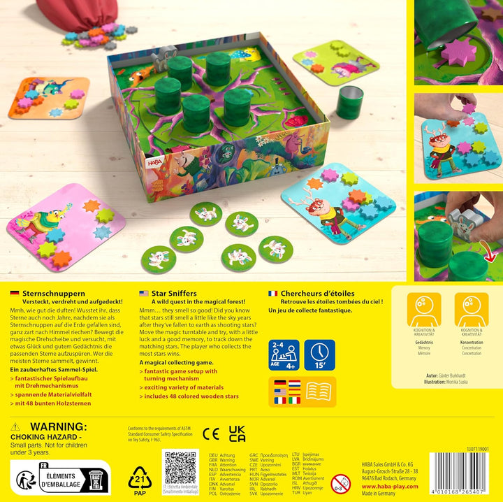 HABA Kinderspiel Sternschnuppern – Sammelspiel mit Drehmechanismus, 48 Bunte Holzsterne, 2 Spielvari
