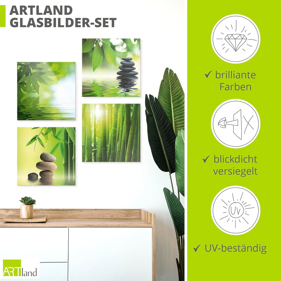 ARTland Glasbilder Wandbild Glas Bild Set 4 teilig je 20x20 cm Quadratisch Asien Wellness Zen Spa St
