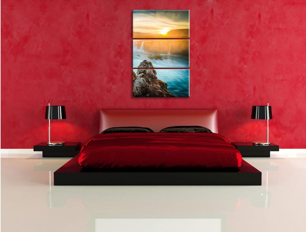 Pixxprint Wasserfall im Sonnenuntergang 3-Teiler Leinwandbild 120x80 Bild auf Leinwand
