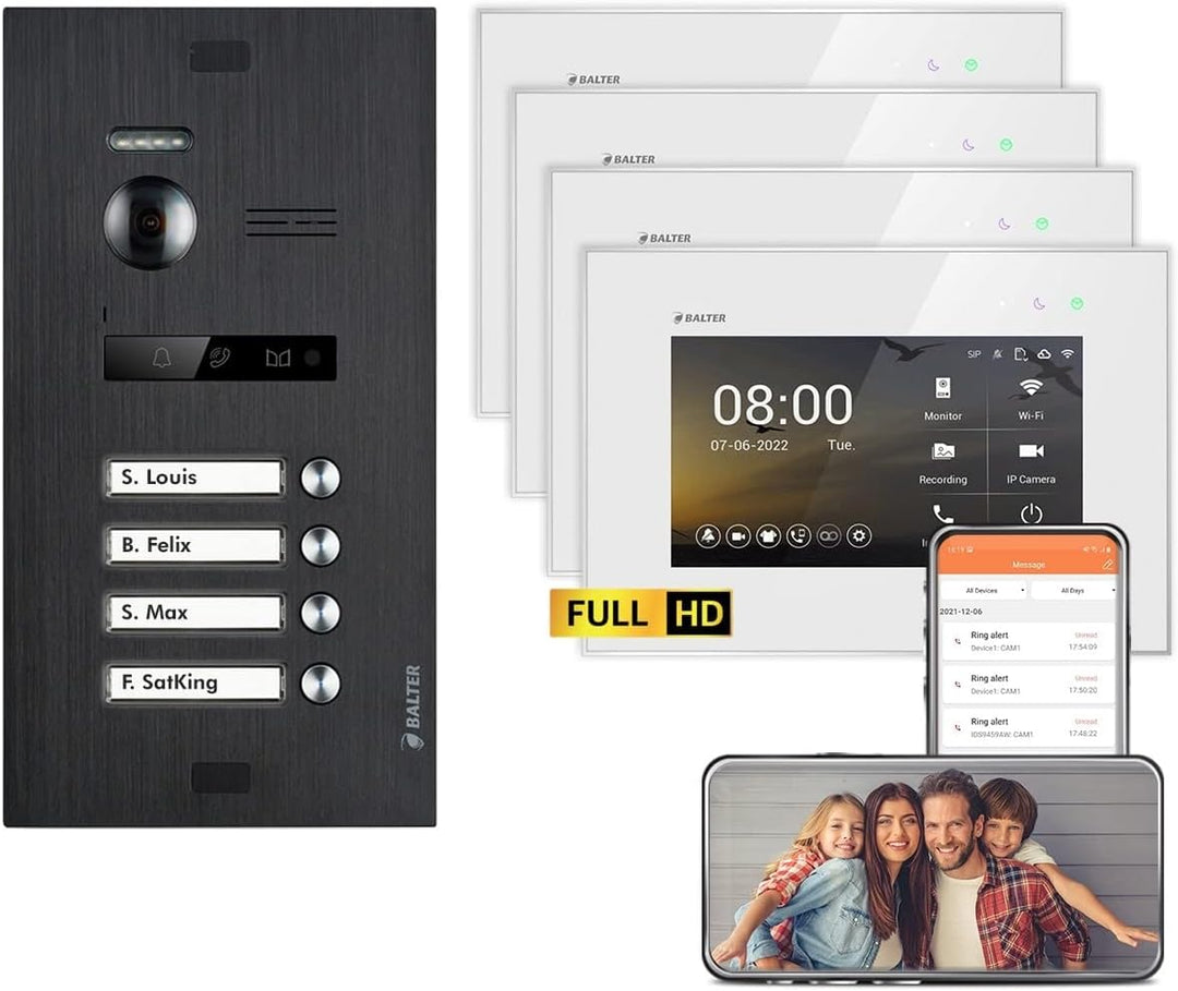 Balter EVO HD Schwarz/Weiss WiFi Video Türsprechanlage Set für 4 Familienhaus (1x Türstation mit Ful