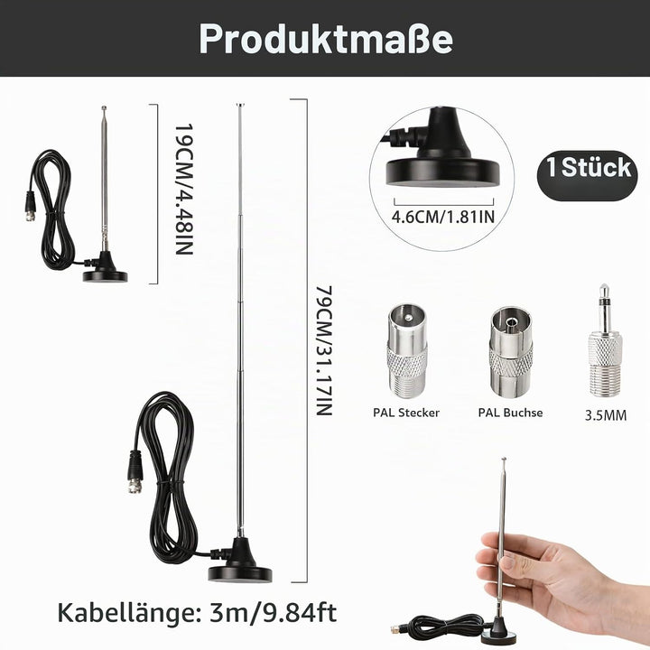 DAB UKW Radioantenne Digitale Teleskopantenne für den Innenbereich mit Magnetfuss 3 m Verlängerungsk