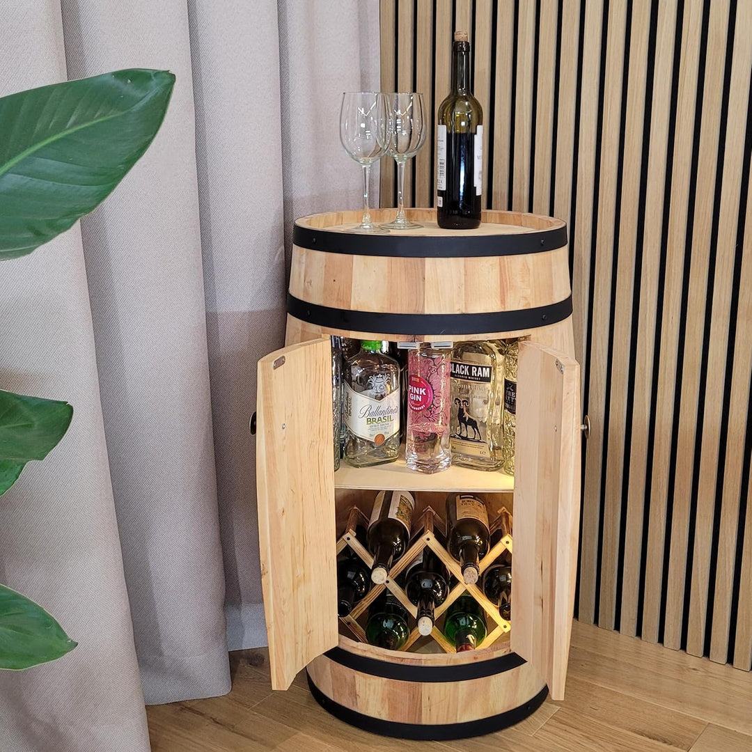 weeco Fassbar LED mit Tür und Weinhalter - Weinregal. Fass Hausbar Weinrack 80x50cm. Rustikaler deko