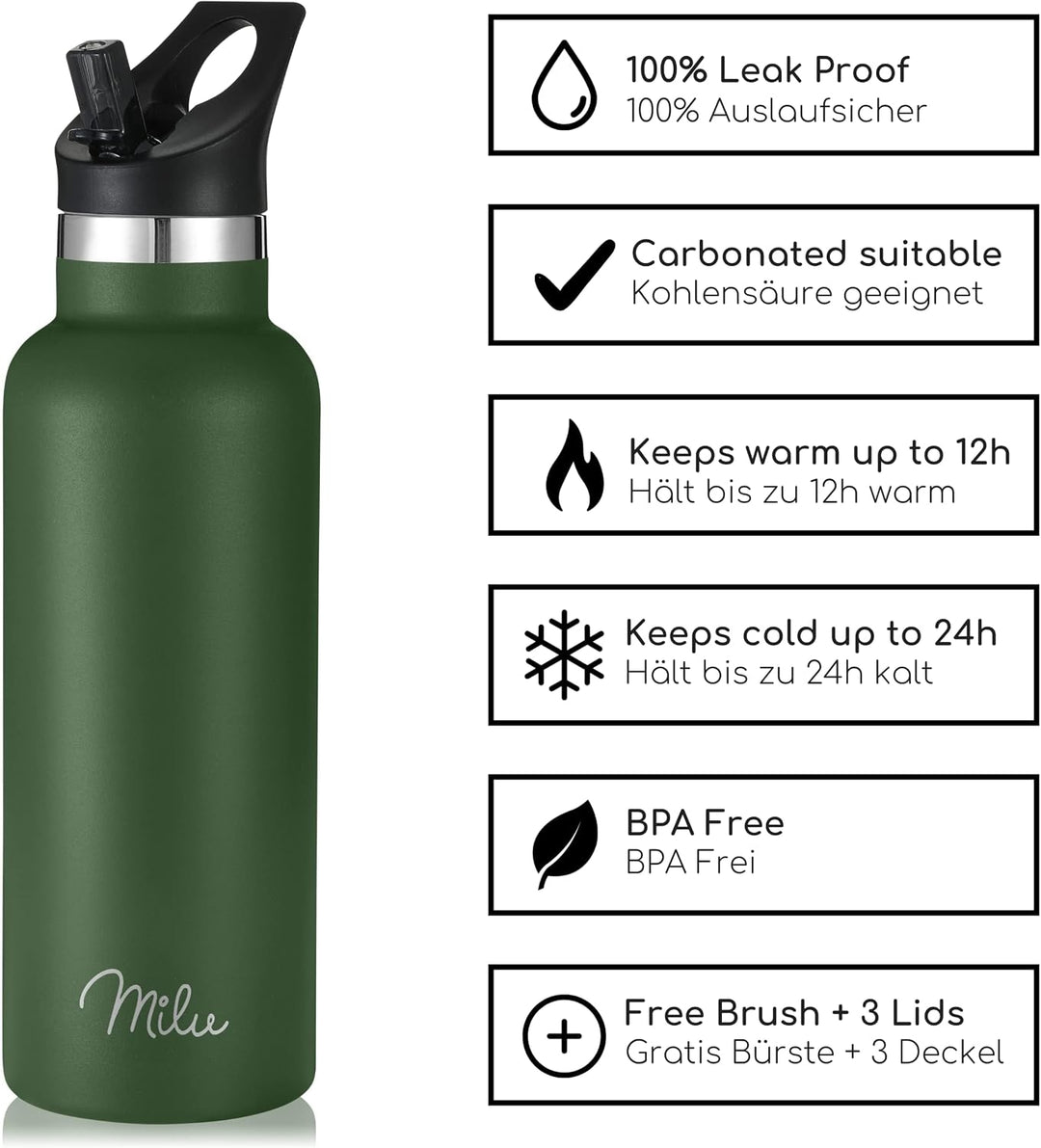 Milu Edelstahl Trinkflasche 350ml 500ml 750ml 1000ml (+3 Deckel) - Thermosflasche mit Strohhalm, Iso