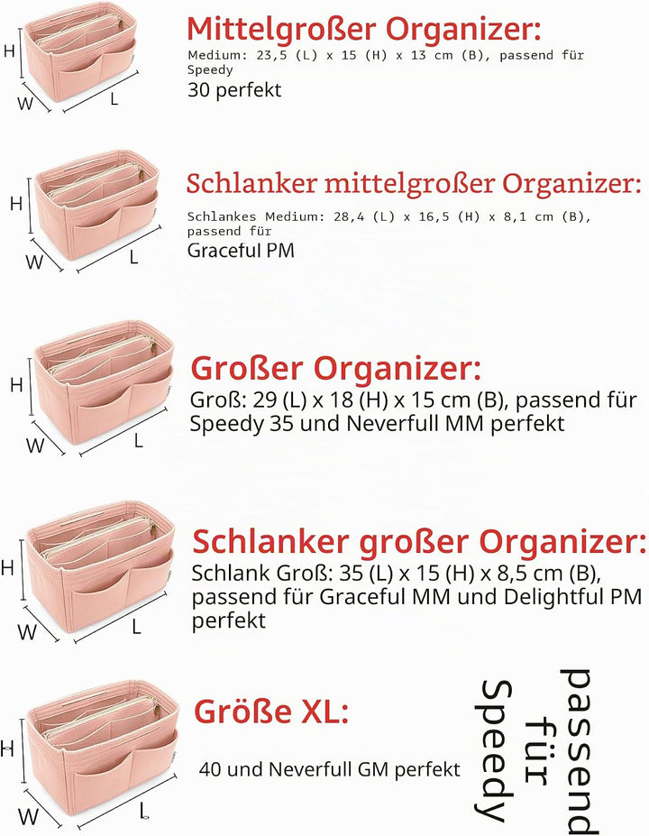 Organisatorischer Tascheineinsatz aus Filz mit Reissverschluss, passend für Speedy-Neverfull-Tasche,