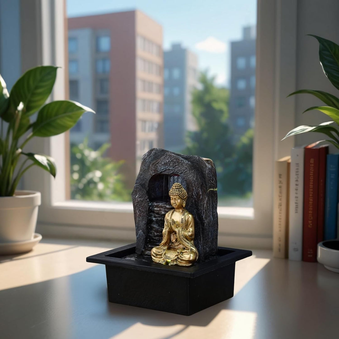 Zen Dao Fountain - Innenbrunnen Buddha Statue Abnehmbares LED -Licht - geschlossen - brauner und Gol
