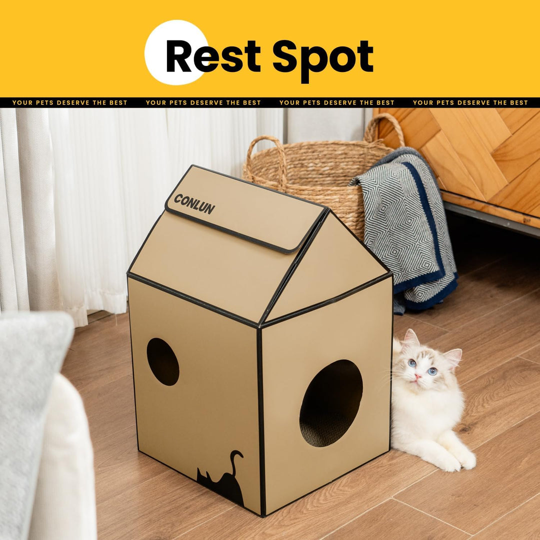 Conlun Katzenhaus mit Kratzbrett &amp; Katzenminze, Leicht zu Montieren - Kratzhöhle für Wohnungskatzen,