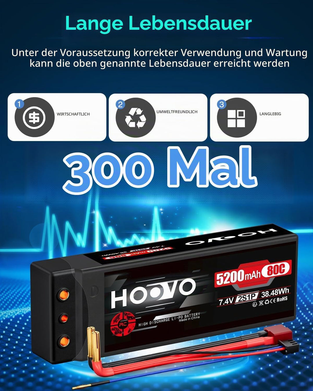 HOOVO 2S LiPo Akku 7,4V 80C 5200mAh RC Batterie Hartschale mit Deans-T Stecker für RC Auto Boot Truc