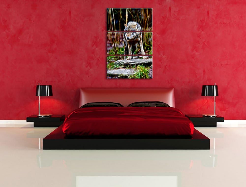 lauernder Wolf Spezial 3-Teiler Leinwandbild 120x80 Bild auf Leinwand, XXL riesige Bilder fertig ger