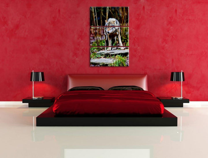 lauernder Wolf Spezial 3-Teiler Leinwandbild 120x80 Bild auf Leinwand, XXL riesige Bilder fertig ger