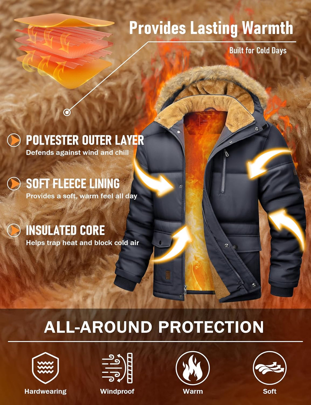 MAGCOMSEN Herren Winter Parka Jacke Winddicht Outdoor Warme Fleecejacke Freizeit Übergangsjacke Wass