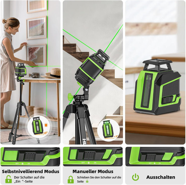 Huepar 360° Laser Wasserwaage mit 152 cm Stativ, Kreuzlinienlaser grün mit Pulsmodus, 3 Helligkeitss