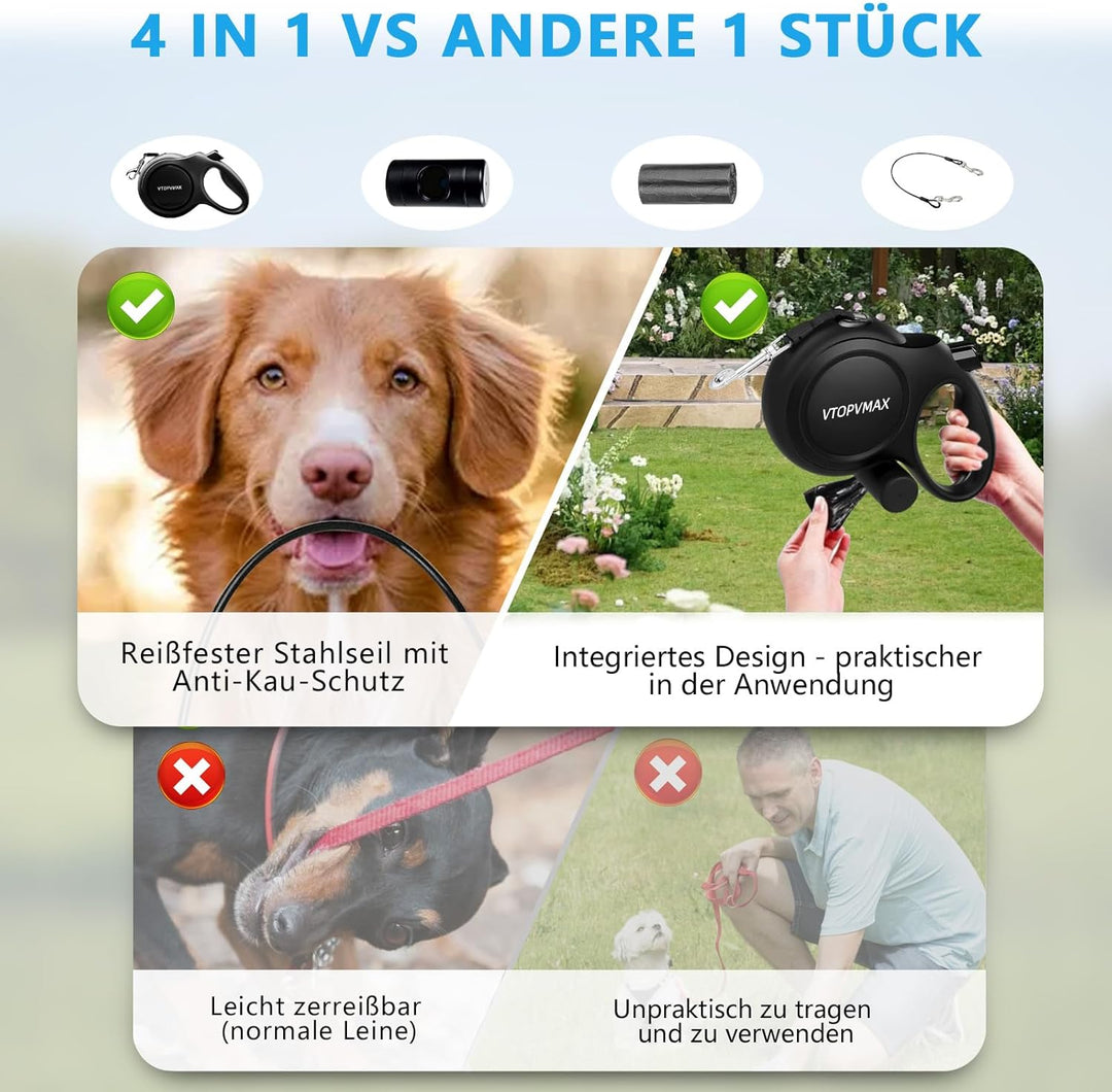 Rollleine 8m - Ausziehbare Hundeleine für Mittelgrosse/Grosse Hunde bis 50kg, Starke Leine mit Kausi