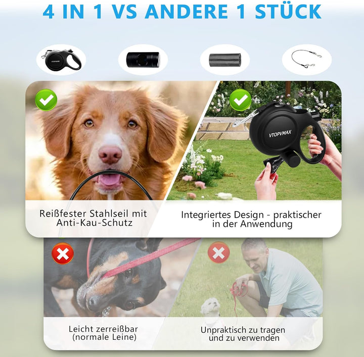 Rollleine 8m - Ausziehbare Hundeleine für Mittelgrosse/Grosse Hunde bis 50kg, Starke Leine mit Kausi