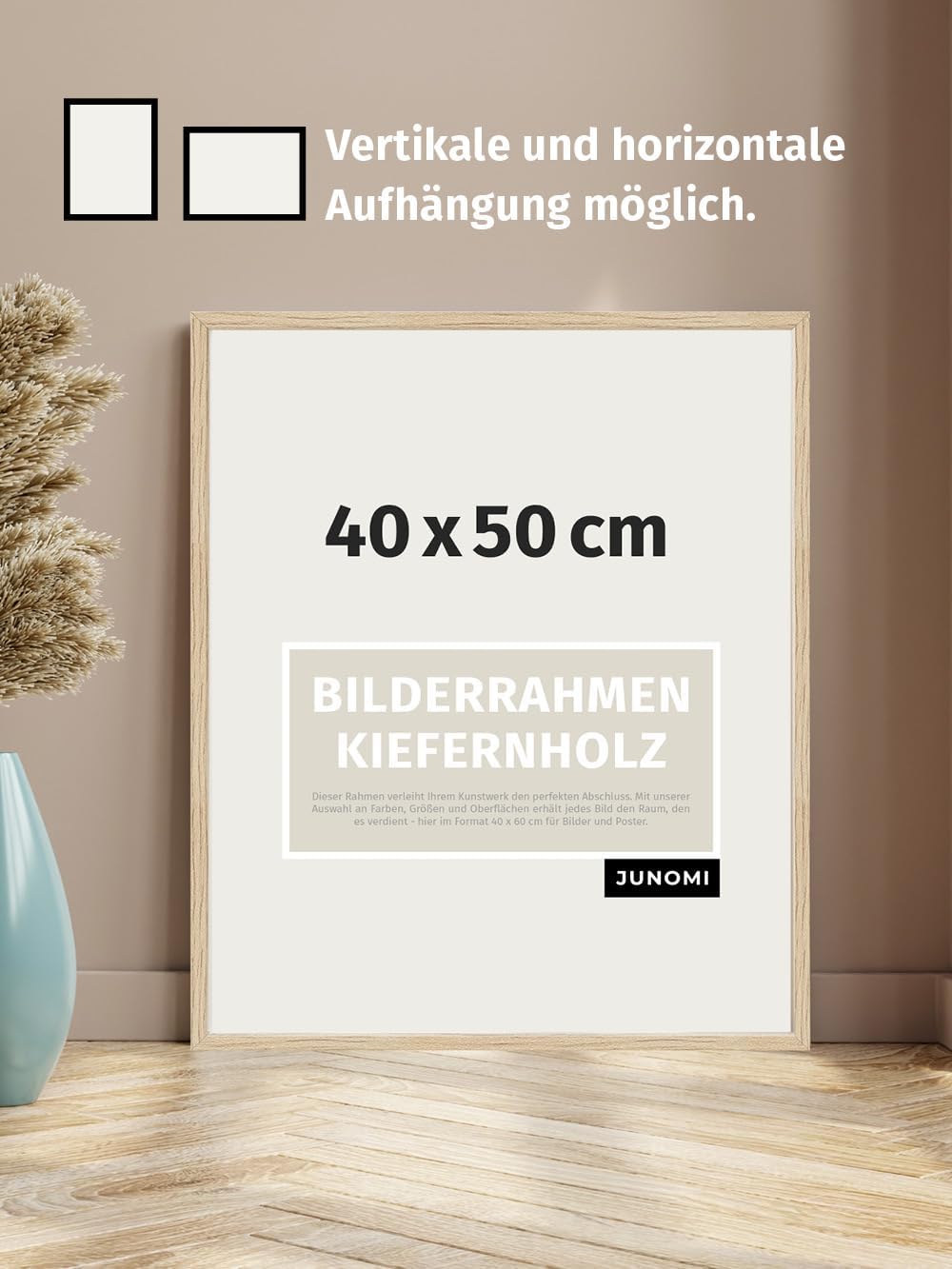 JUNOMI® Bilderrahmen 40 x 50 cm Holz | Farbe Eiche | Bilderrahmen Eiche mit bruchsicherem Acryl-Glas