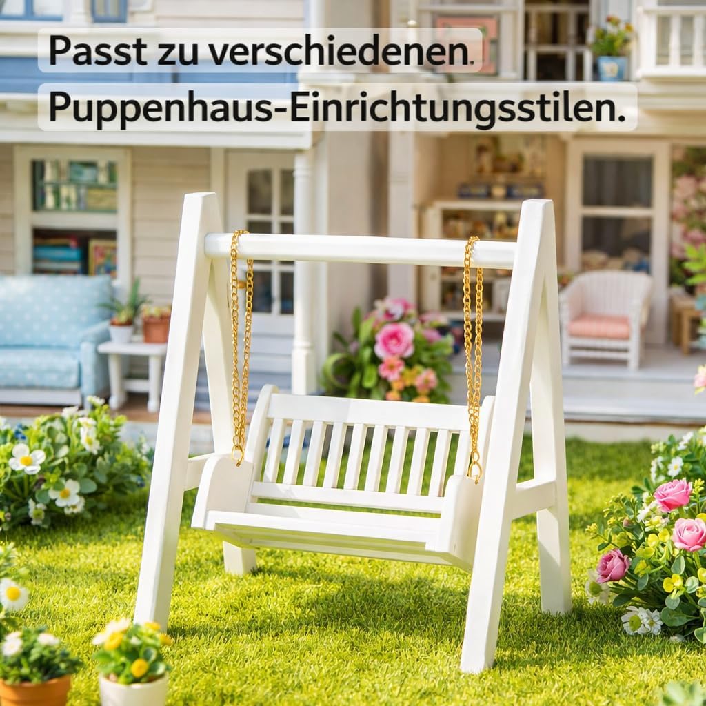 1/12 Puppenhaus Schaukel, Miniatur Holz Schaukel mit Goldener Kette, Wei?e Veranda Dekoration fr Sam