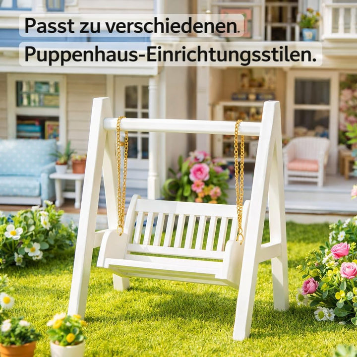 1/12 Puppenhaus Schaukel, Miniatur Holz Schaukel mit Goldener Kette, Wei?e Veranda Dekoration fr Sam