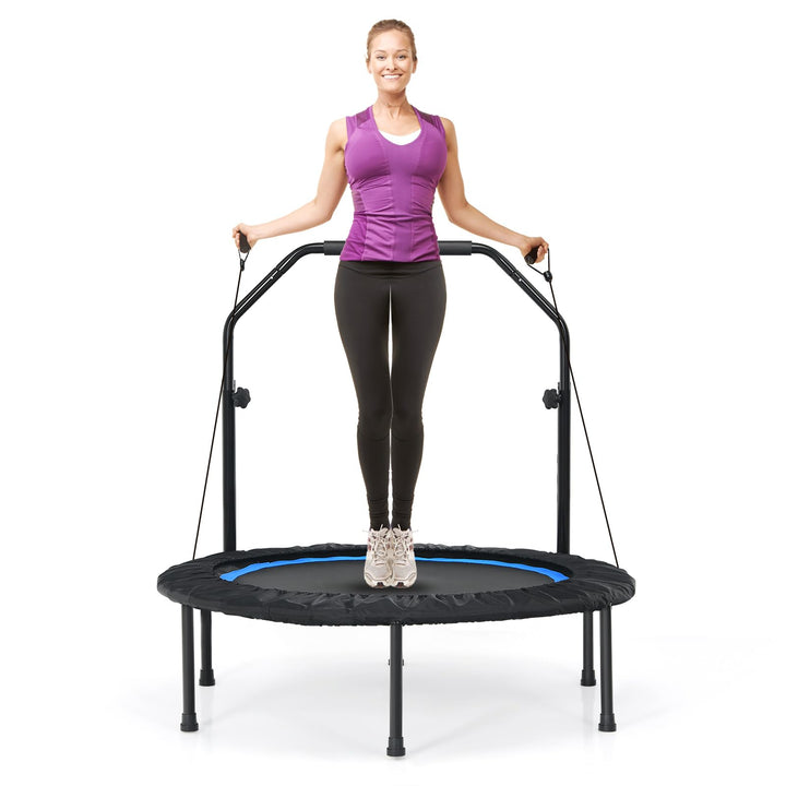 GOPLUS Fitnesstrampolin Indoor, φ101cm Mini Trampolin mit verstellbarem Griff, Bodentrampolin klappb