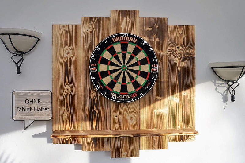 Wooden Dartboard Surround | Premium Dart-Wandschutz & Tablet-Halter (Optional) | Geflammter Burned L