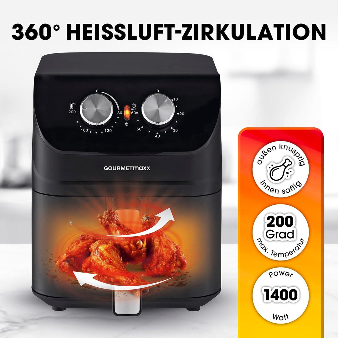 GOURMETmaxx Heissluftfritteuse 4 L | Airfryer mit Timerfunktion & Edelstahl Heizelement | praktische
